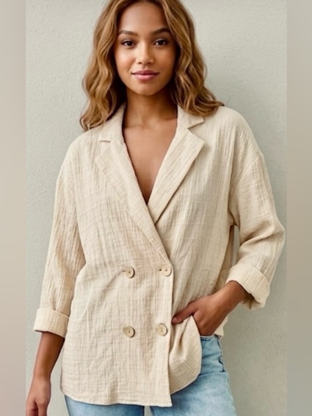 Zara Light Cream Double-Breasted Linen-Texture Blaze